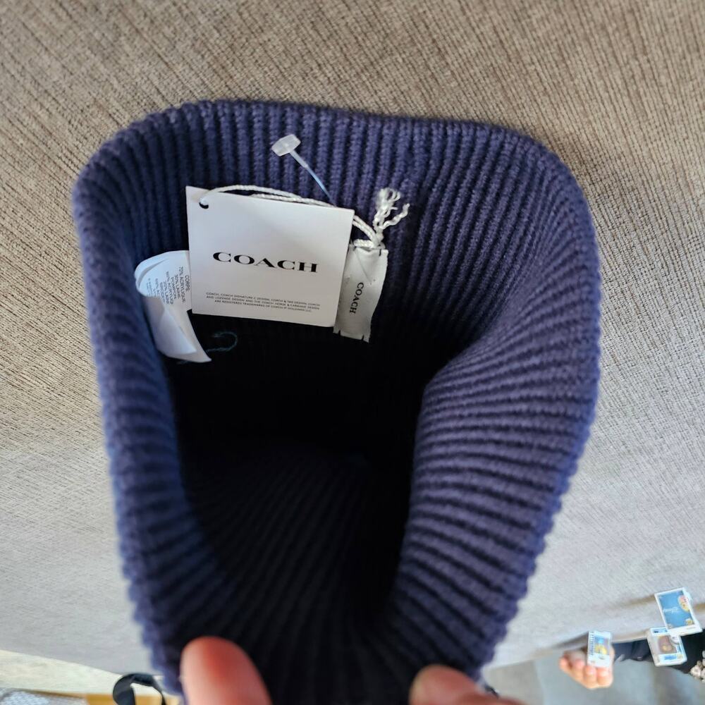 Coach Women's Deep Blue Embroidered Script Logo Knit Pompom Beanie Size One Size - Picture 2 of 7